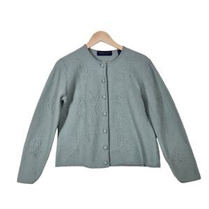 Vintage 90s Karen Scott Wool Cardigan M Sage Green Embroidered Cottagecore